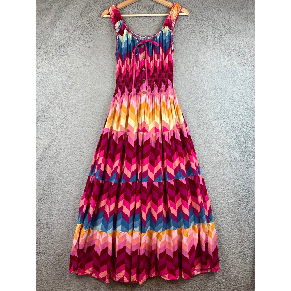 OSTOO Womens XL Chevron Print Tiered Maxi Dress Smocked Waist Multicolor Boho